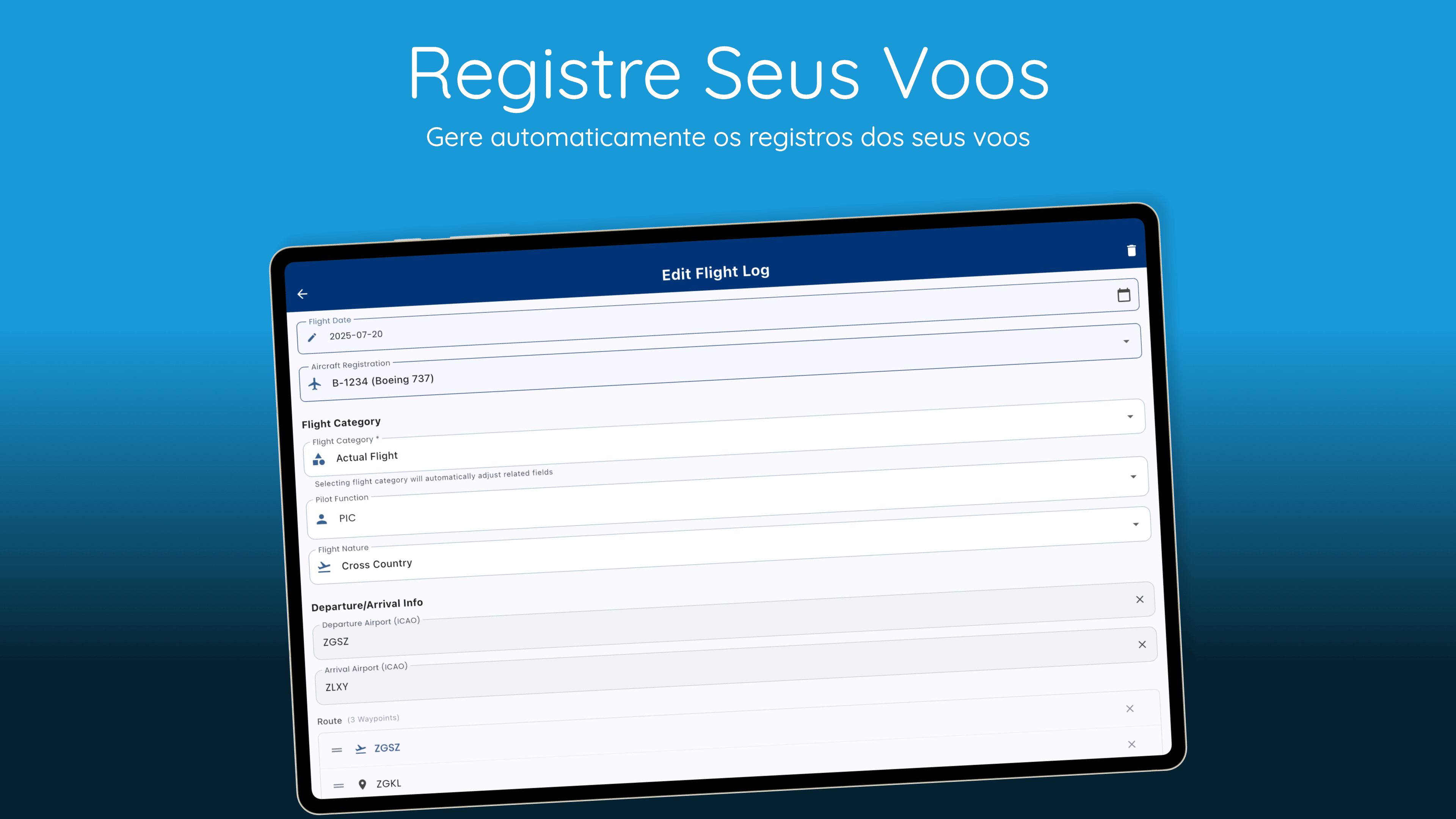 Interface do Diário de Bordo Digital do Pilot Kit mostrando rastreamento de horas de voo, gestão de currencies e estatísticas